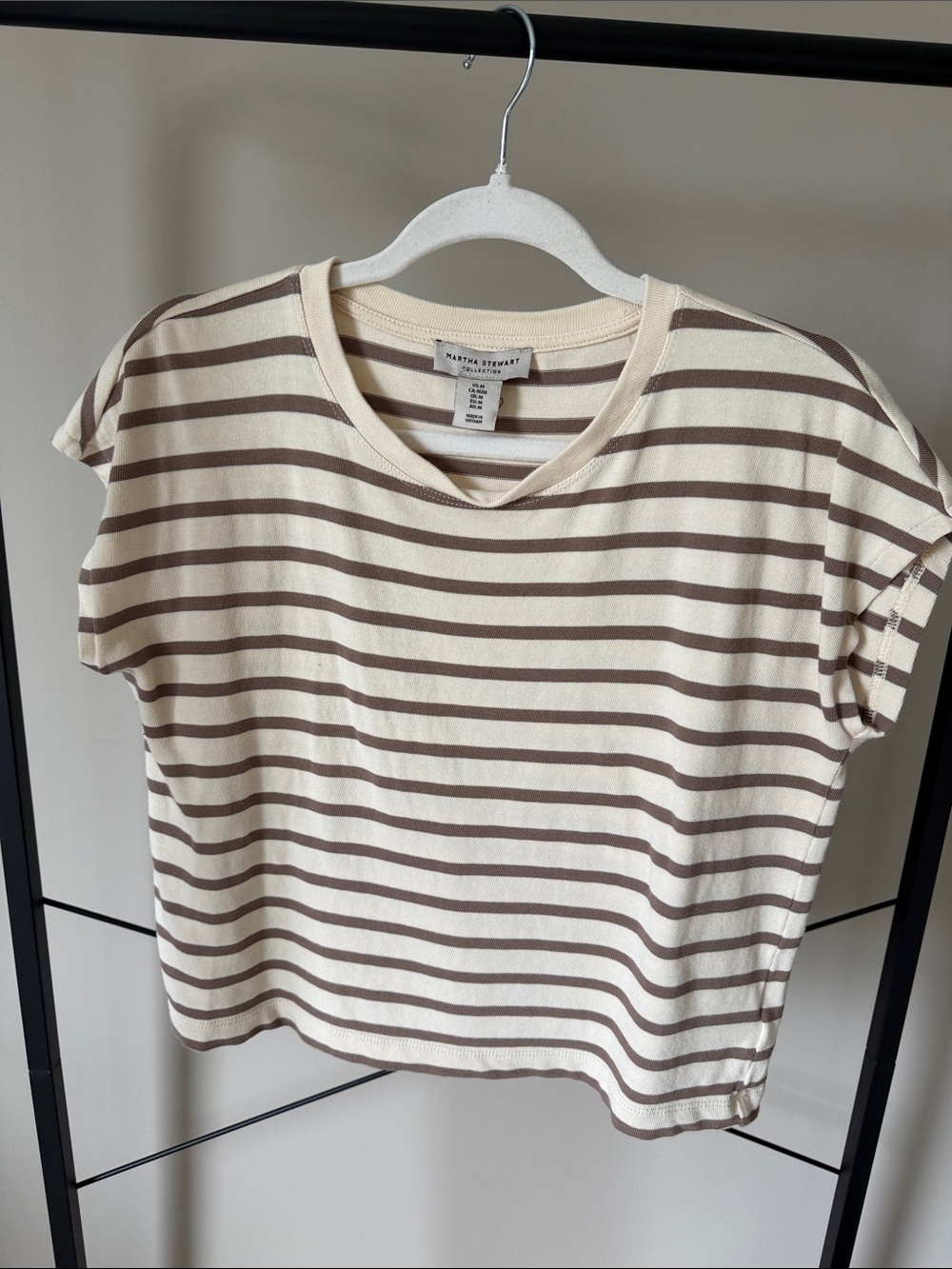 Martha Stewart Cream and Brown Striped Short-Sleeve Tee